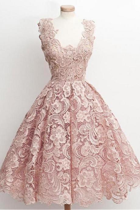 Tea Length Pink Fashion Prom Gown Lovely Lace Scoop Neckline A-line Homecoming Dresses 18lf26