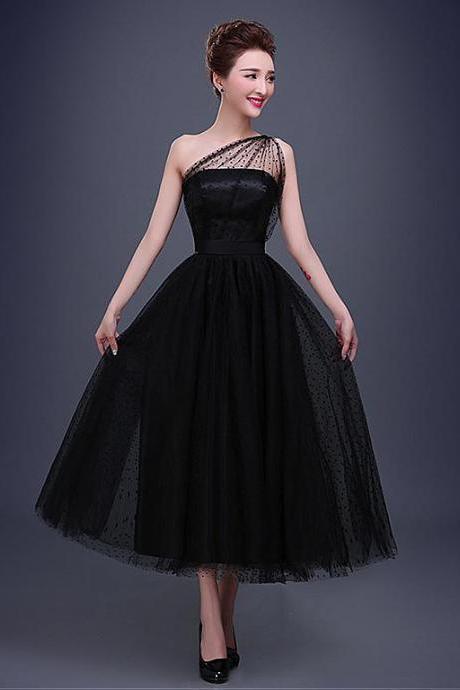 Black Tea Length Formal Prom Gown Elegant Dot Tulle One-Shoulder Neckline A-line Evening Dress 18LF28