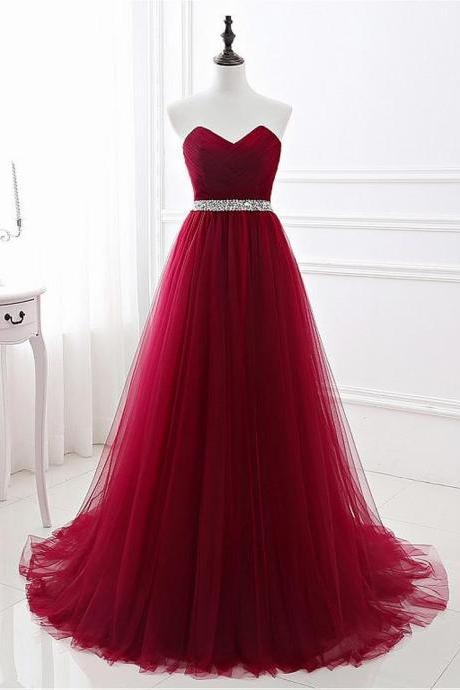 Red Alluring Tulle Sweetheart Neckline Floor-length A-line Prom Dresses With Beadings 18lf31