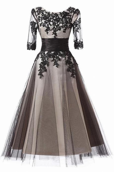 Elegant Tulle Scoop Neckline A-line Tea-length Prom Dresses With Lace Appliques 18lf46