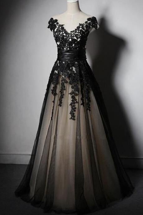 V Neck A Line Sexy Black Tulle Wedding Dress Evening Dress Full Length Prom Dress 87
