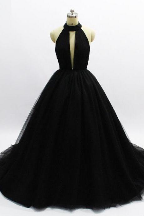 Halter A Line Sexy Black Wedding Dress Evening Dress Full Length Prom Dress 99