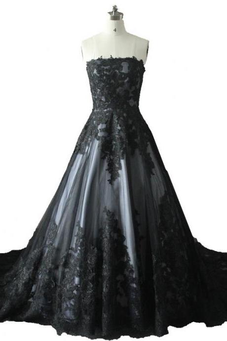 Strapless Tulle With Appliques Black And White Wedding Dress Lace Up Back 101