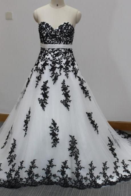 Long Formal Applique Prom Evening Gown White And Black Wedding Dress Ball Gown Sweetheart Lace Up Back 102