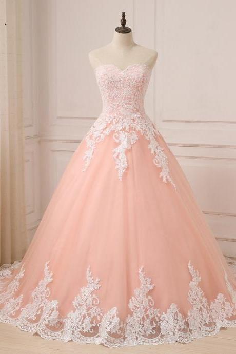 Wedding Dresses Coral Sweetheart Sleeveless Tulle Wedding Gowns Ball Gown With White Applique 104