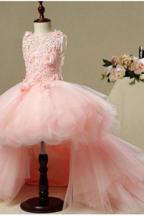 Pink Lace Girl's Tulle Cute Kids Flower Girl Dress First Communion Dresses Birthday Wedding Party Bridesmaid Holiday Princess Gown