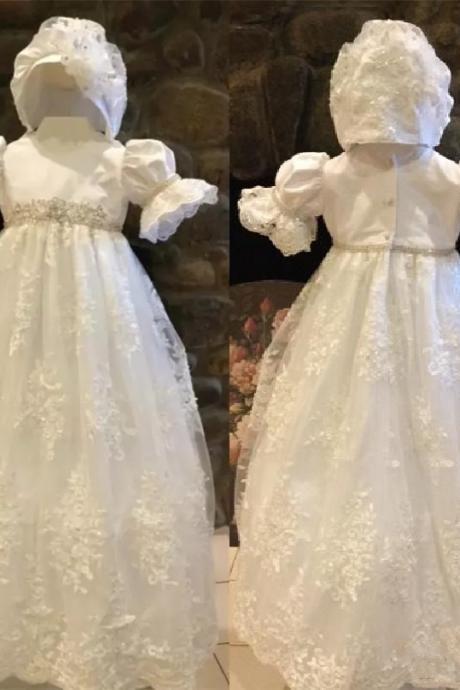 with hat Cute Ivory White First Communion Dresses Puff Sleeve Custom Made Lace Applique Beads Belt Jewel Neck Hat A Line Pageant Gowns 137
