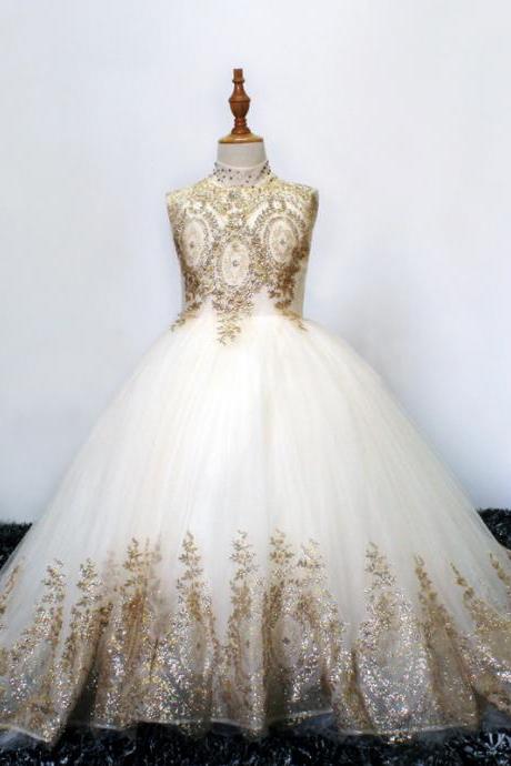 Formal High Quality Golden Lace Applique Princess Gown Tutu Kids Ball Gown Flower Girls Dresses Party Birthday Gowns 175