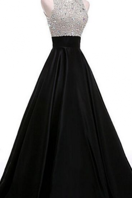 Custom Made O-neckline Black Beading A-line Prom Dresses, Prom Dress,prom Dresses For Teens,satin Evening Dresses