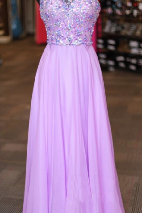 Custom Made Long Beaded A-line Lilac Chiffon Prom Party Dresses Sexy Formal Gowns Evening Pageant Dresses