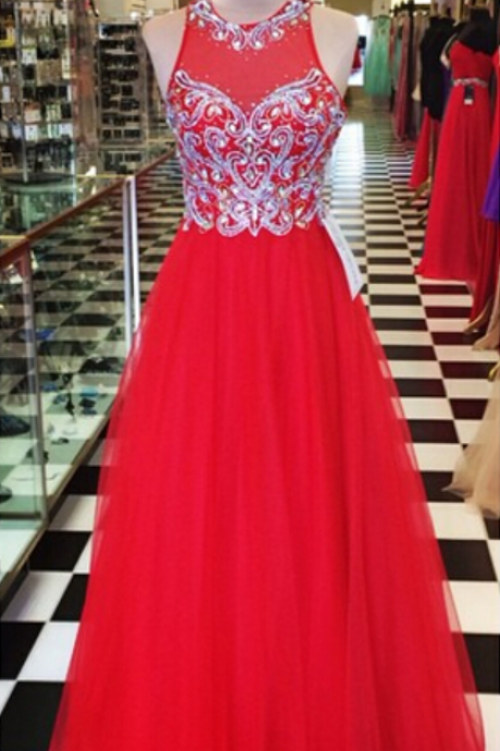 Custom Made Red Tulle Prom Dresses,Long Tulle Prom Dresses,A-line Tulle Prom Dresses,Beaded Prom Dresses,See Through Formal Gowns,Long Beaded Evening Dresses