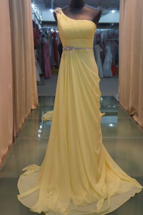 Custom Made One Shoulder Long Chiffon Yellow Prom Dress Crystals Women Evening Dress Party Dress