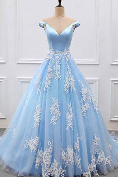 Stylish Blue V Neckline Off Shoulder Long Tulle Senior Prom Dress With Appliques Formal Evening Dresses