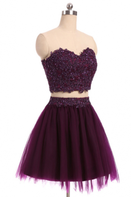 Purple Short Mini A-line Sweetheart Tulle Appliques Lace Beaded Two Pieces Homecoming Dresses