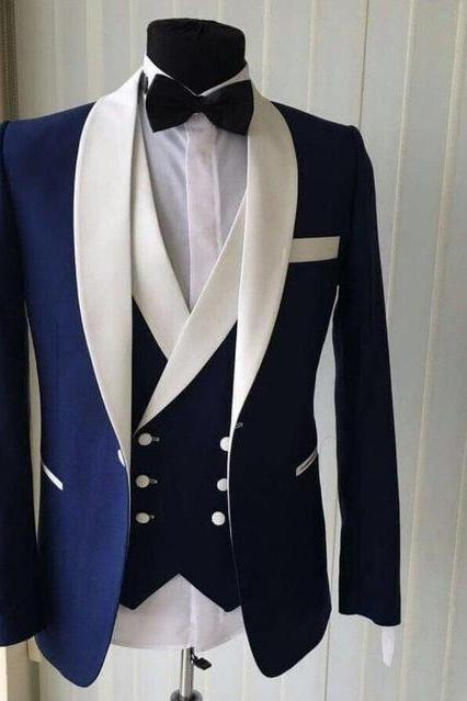 Custom Made Groomsmen Shawl White Lapel Groom Tuxedos Blue Men Suits Wedding Best Man Blazer (jacket+pants+vest+bow Tie )
