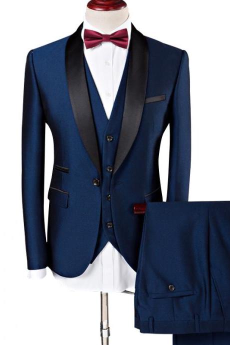 (Jacket+Vest+Pants)Men Suit 2019 Wedding Suits For Men Shawl Collar 3Pieces Slim Fit Burgundy Suit Mens Royal Blue Tuxedo Jacket