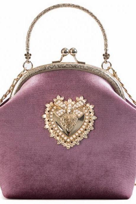 Female Velvet Pearl Handbag Vintage Velour Heart Design Evening Bag Wedding Party Bride Clutch Velour Bag Purse