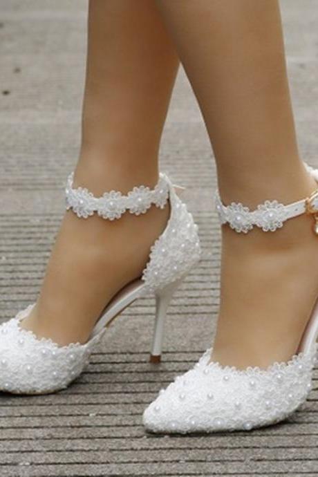 Pumps Women Shoes Ankle Strap Rhinestone High Heels Shoes Women Wedding Shoes Lace Flowers High Heel Stiletto Pumps Shoes White