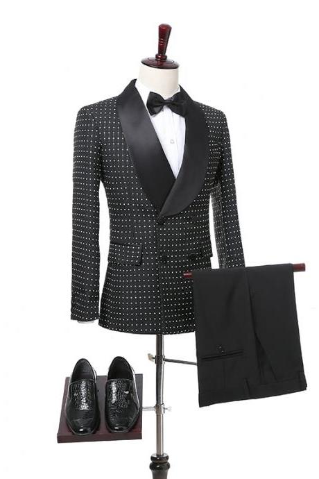 Black Grid Cloth Wedding Men Suits 2018 Shawl Lapel Double Breasted Botton Wedding Tuxedos Two Piece Jacket Pants