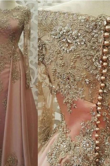 Glamorous Blush Dubai Formal Evening Dresses Long Sleeve Jewel Sweep Train Appliques Beaded Special Occasion Dress Prom Party Gowns 2018