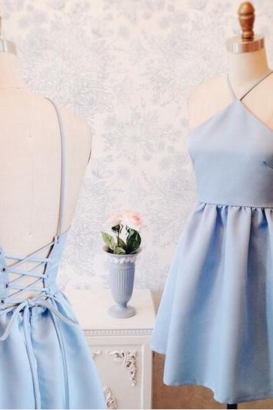 Baby Blue Short A Line Party Dress,Tie Back Cute Prom Dress,Homecoming Dress,Halter Girl Dress