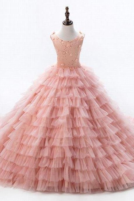 Baby Peach Pageant Dresses For Girls Glitz Flower Girl Dresses Sleeveless Ball Gowns Girls Communion Dress