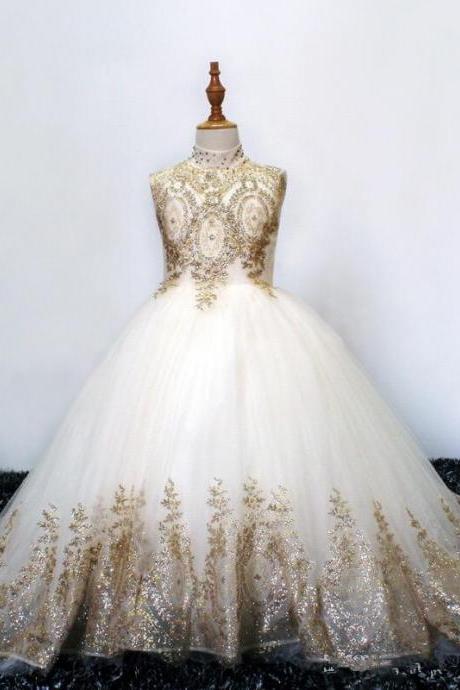 Sparkly Gold Lace 2019 Flower Girls Dresses For Wedding Vintage High Neck Hollow Back Sequins Beaded Rhinestones First Communion Dress