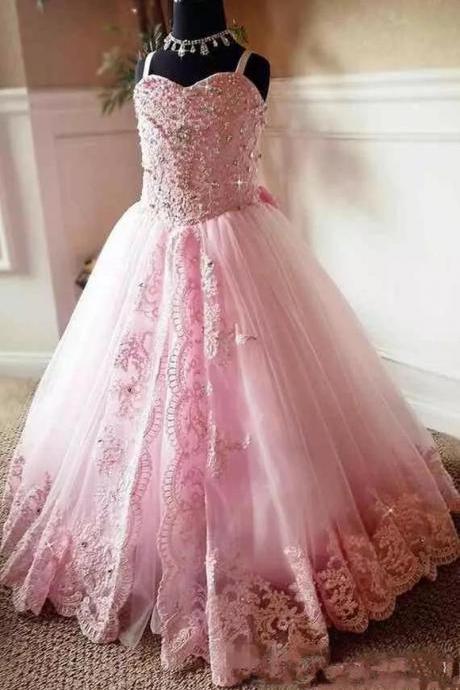 2019 Beautiful Pink Lace Appliques Beads Long Flower Girl Dresses Spaghetti Straps Custom Kids First Communion Pageant Party Gowns Beaded