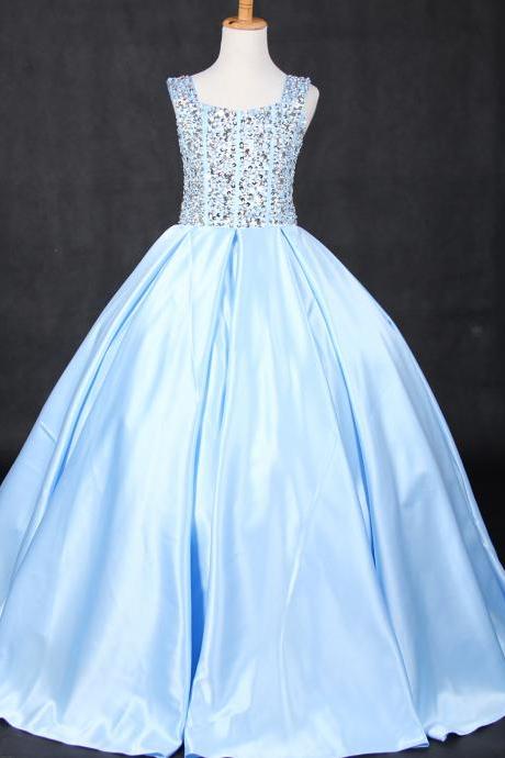 Lovely Blue Green Satin Straps Beads Flower Girl Dresses Princess Dresses Girl's Pageant Dresses Custom Made