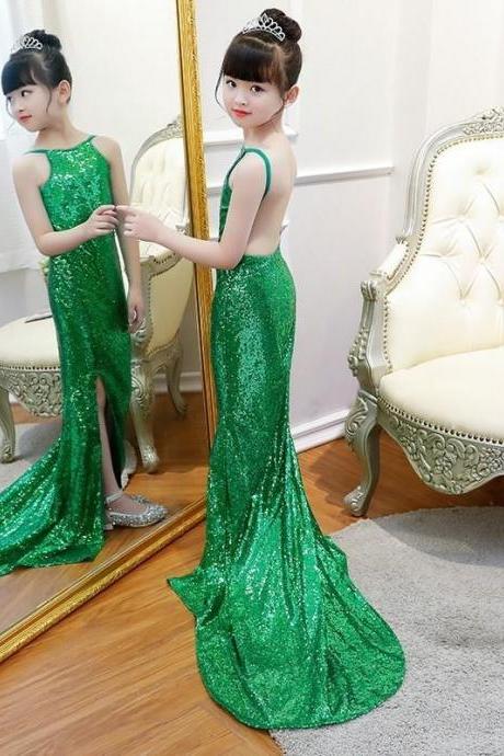 2019 New Shinning Sequin Girls Pageant Dresses First hloy Communion Dresses Backless Green Flower Girl Gowns Formal Party Dress