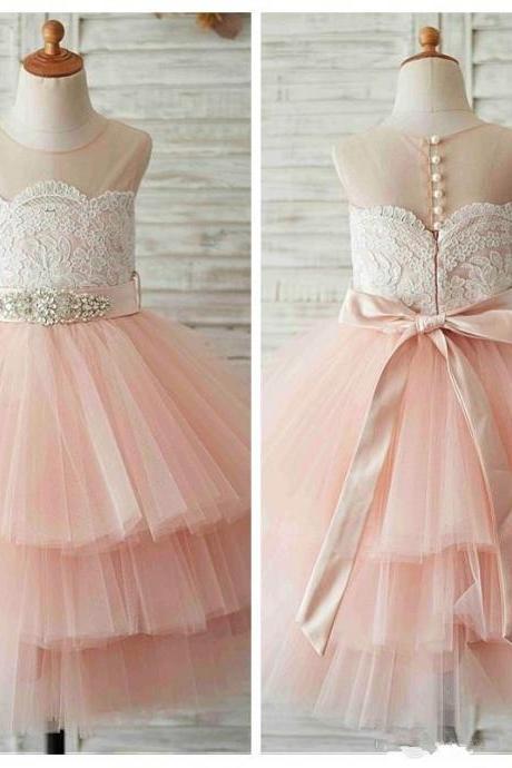 2019 Sheer Ball Gown Tulle Flower Girls Dresses Tiered Lace Appliques Formal Kids Birthday Party Gowns Crystal Beaded Ribbon Communion Gowns