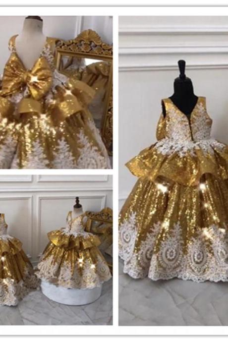Gold Sequined Ball Gown Girls Pageant Dresses 2019 Vintage Lace Ruffles Bow Plus Size Toddlers Kids Dresses Pageant Dresses For Teens