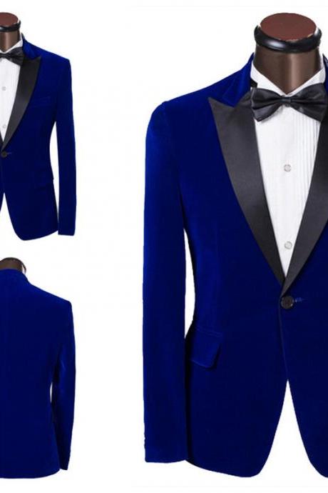 1pc Custom Made Velvet Men&amp;#039;s Tuxedo Dress Suits Fashion Blue Single Button Men Suit Slim Groom Wedding Suits For Men Jacket