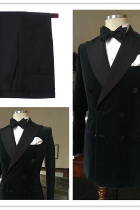 2019 Fashion Black Double Breasted Slim Groom Wedding Prom Suits For Men Custom Made Velvet Men&amp;#039;s Tuxedo Wedding Suits