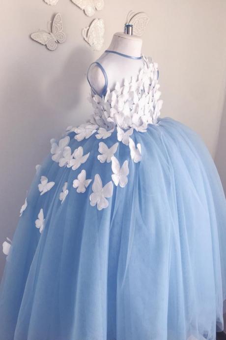 Sky Blue Ball Gown Flower Girl Dresses Tulle 3d Floral Appliques Pageant Gowns Butterfly Communion Fancy Dress Costumes