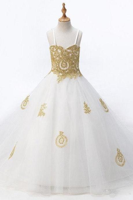 2019 Fashion White With Gold Lace Flower Girls Dresses Princess Designer For Wedding Kids Girls Tulle Ruched With Spaghetti straps Cheap