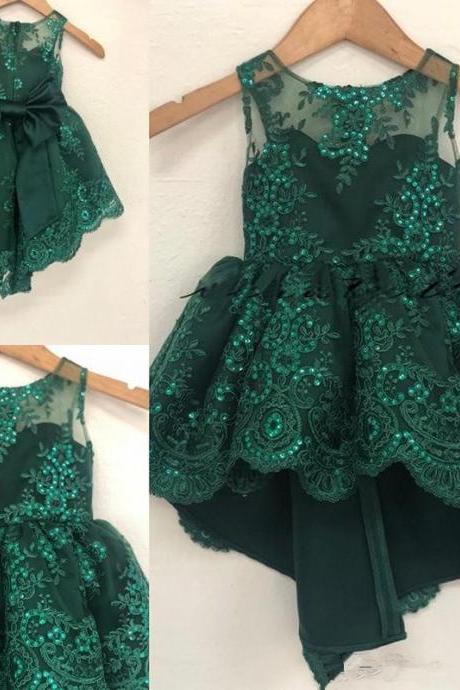 2019 Vintage Flower Girl Dresses For Wedding Hi-lo Emeral Green Big Bow Middle East Dubai Princess Kids First Communion Gowns Birthday