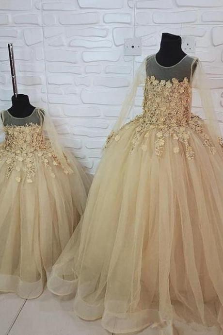 2020 Modern Gold Lace Beaded Flower Girl Dresses For Wedding Long Sleeves Sheer NeckLittle Girl Vintage Communion Pageant Dresses Gowns