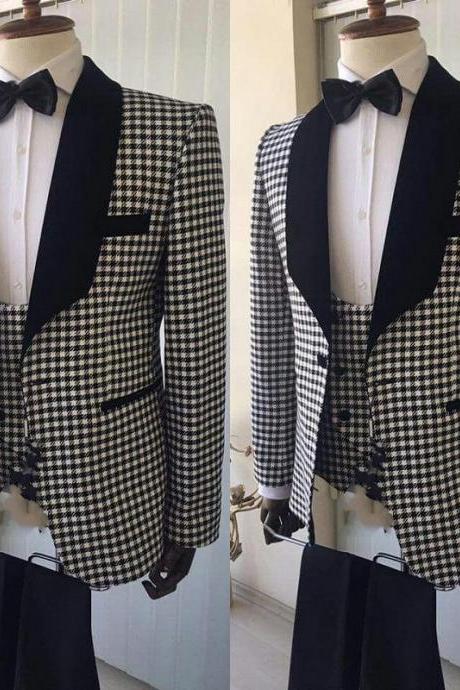 Custom Made Groom Tuxedos Shawl Black Lapel Groomsmen One Button Men Suits WeddingPromDinner Best Man ( Jacket+Pants+Vest)