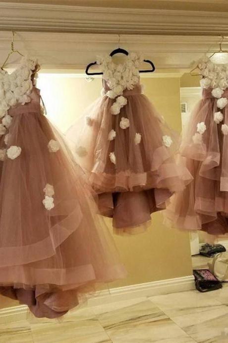 Dusty Rose Flower Girls White 3D Flora Appliques Floor Length Tulle Kid Birthday Pageant Custom Made Party Communion Dresses
