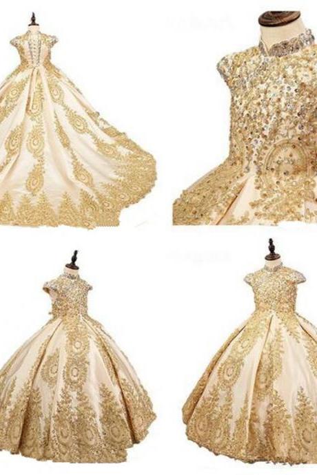 Golden Retro Flower Girl Dresses For Wedding Custom Made Pageant Dress Sleeveless And Appliques Holy Communion Dresses