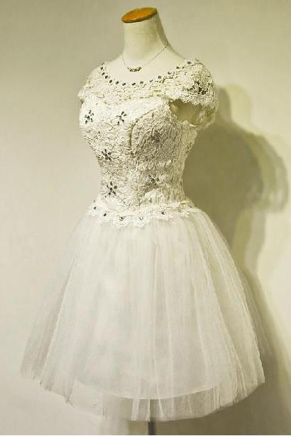 Short Bridal Wedding Dresses Formal Knee Length Beading Lace Crew Applique