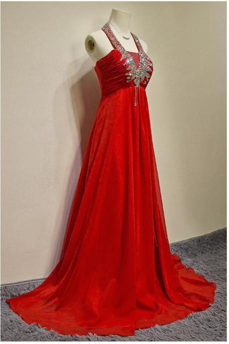 A Line Floor Length Evening Dress Prom Dress Custom Made Beading Halter Bridal Party Dress ll8