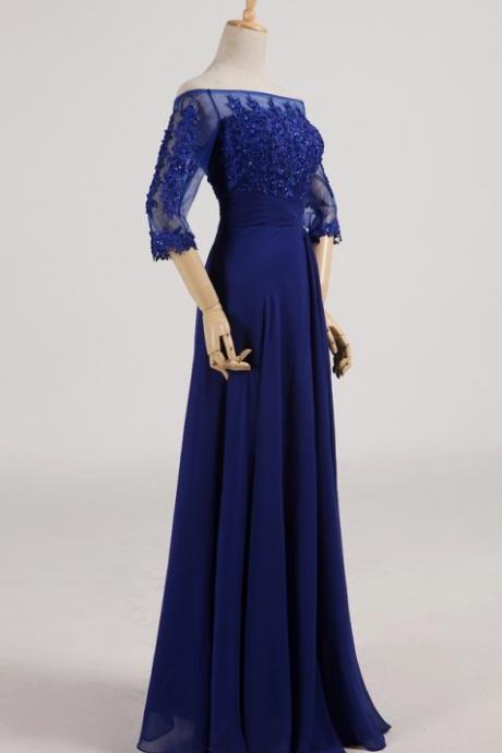 3/4 Sleeve Floor Length Chiffon Evening Dress Prom Dress Custom Made Beading Bridal Party Dress Ll350