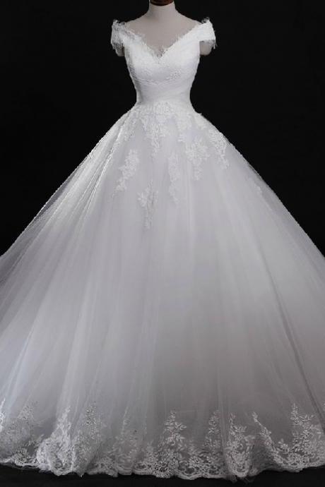 Formal Applique Cap Sleeve Long Ball Gown Lace Bridal Wedding Dresses Formal Floor Length ll351