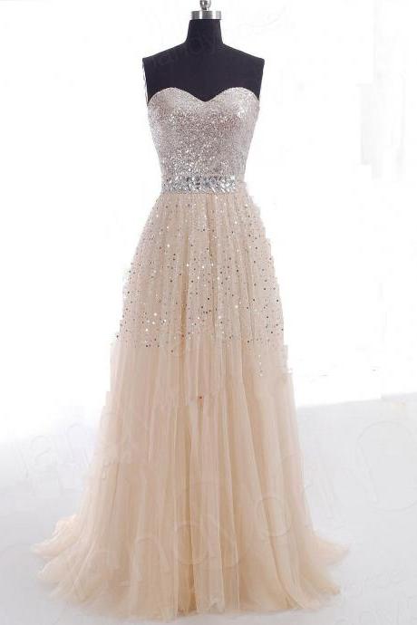 Sweetheart Sequin Long Evening Dress Prom Dress Custom Made Crystal Bridal Party Dress C17