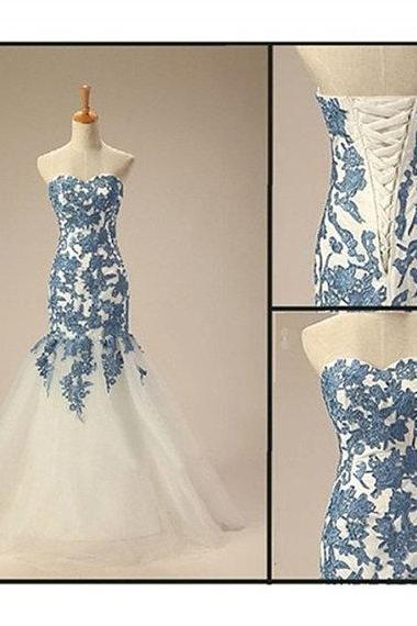 Lace Applique Blue Mermaid Long Evening Dress Prom Dress Custom Made Lace Bridal Party Dress C46