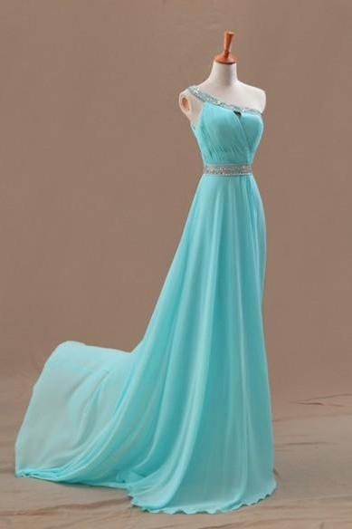 One Shoulder Chiffon Long Evening Dress Prom Dress Custom Made Sequin Bridal Party Dress C49