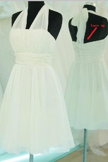 Halter Knee Length Chiffon Bridesmaid Dress Evening Dress Prom Dress Custom Made Bridal Party Dress C65