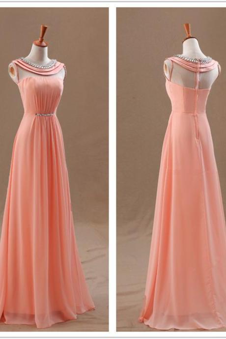 Crew Chiffon Long Evening Dress Prom Dress Custom Made Sequin Bridal Party Dress C95